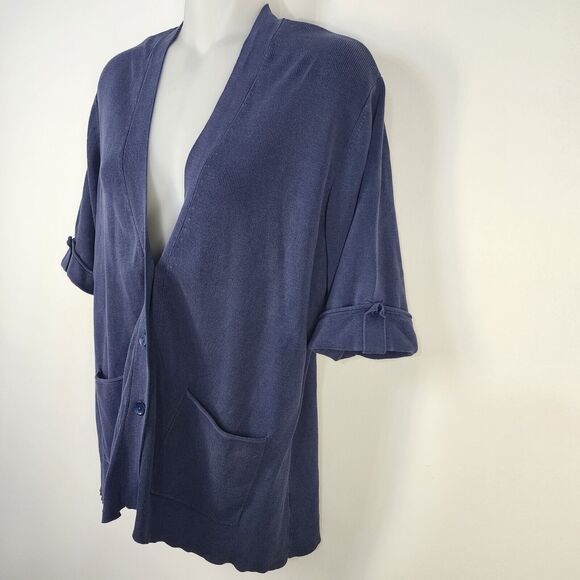 Coldwater Creek Women's Cardigan Medium 10-12 Elbow Tab Sleeve Blue Silk Cotton - Picture 5 of 9
